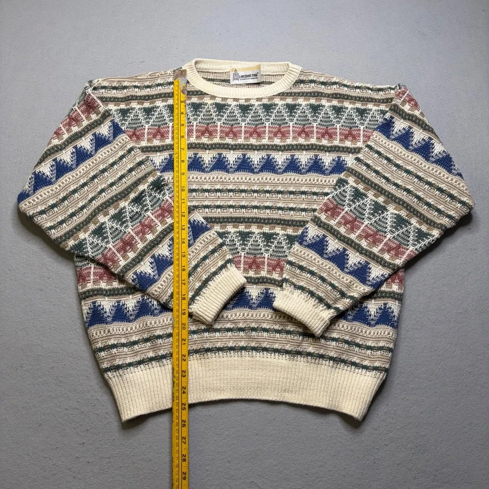 London Fog Sweater Mens XL Multi Fair Isle Geometric Knit Crewneck Vintage